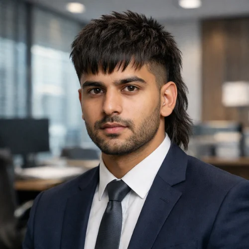 Young man with a textured French crop mullet hairstyle featuring choppy fringe, clean faded sides, and layered mullet back, styled neatly with a trimmed beard in a professional office background.