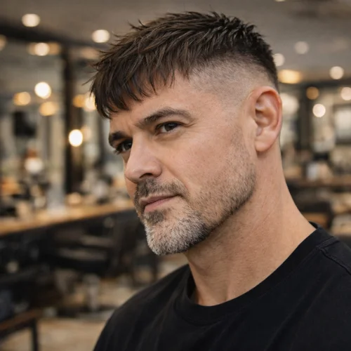 Textured French crop haircut with clean skin fade, mature man with short beard in a modern barbershop