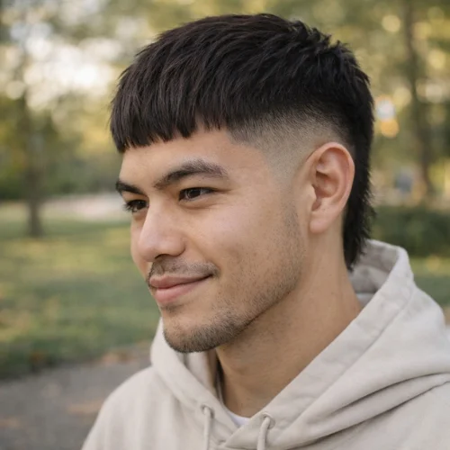 Textured French crop haircut for men with straight hair, low fade sides, modern short hairstyle