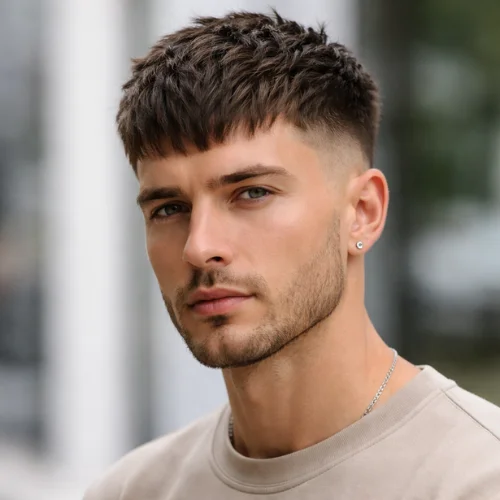 A close-up portrait of a young man with a textured French crop haircut, featuring short choppy layers on top, a clean low fade on the sides, and a sharp straight fringe, giving a modern and stylish men’s haircut look.