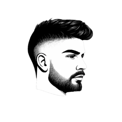 French crop haircut illustration showing a sharp fade, textured top, and well-groomed beard – modern men's hairstyle graphic.