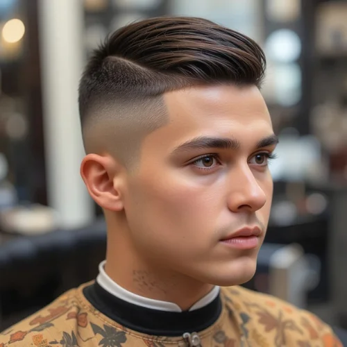 Side profile of a man with a modern French crop skin fade haircut, featuring ultra-short faded sides and longer, textured hair swept back on top in a barbershop setting.