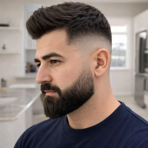 Man with French crop fade hairstyle and a full beard, wearing a navy blue t-shirt. Stylish and modern men's haircut with a well-groomed beard in a sleek, contemporary kitchen setting.