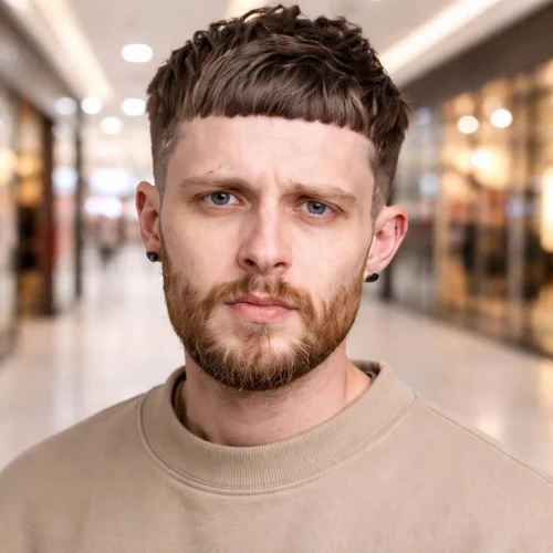 Fringe French crop haircut with fade for men, short textured crop top and clean faded sides, modern men’s hairstyle