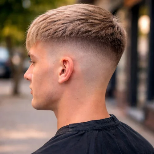 High taper French crop haircut for boys with smooth fade and textured top