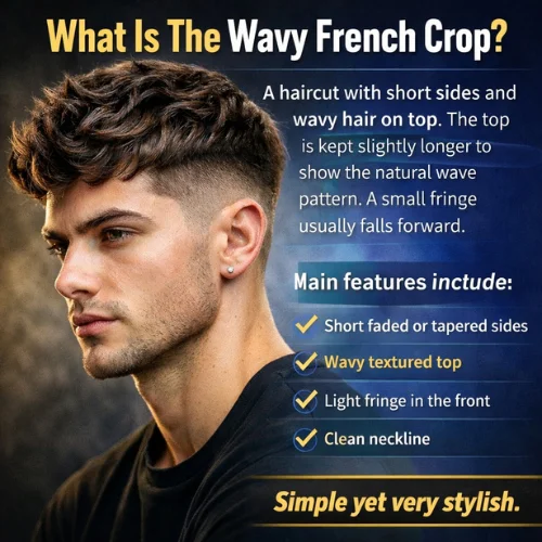 Wavy French crop haircut for men with short faded sides textured wavy top and light fringe modern stylish hairstyle
