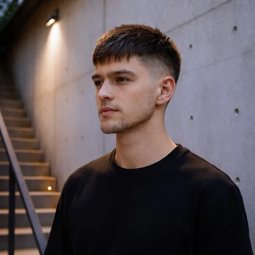 French crop low fade straight hair on young man showing clean sharp fade and neatly textured top modern structured mens hairstyle