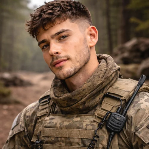 French crop mid fade hairstyle on American army commando showing adjustable top length with clean mid fade sharp structured modern mens