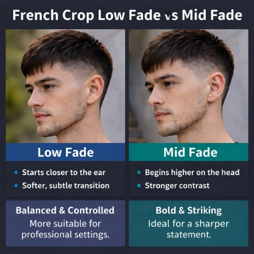 French crop low fade vs mid fade comparison showing lower subtle fade near ear and higher mid fade with stronger contrast modern mens haircut differences