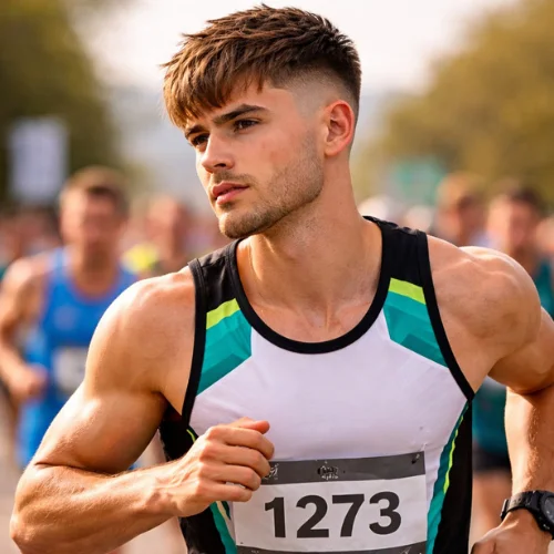 Textured french crop mid fade haircut on athletic young man running marathon showing layered top with volume and clean mid fade modern mens hairstyle
