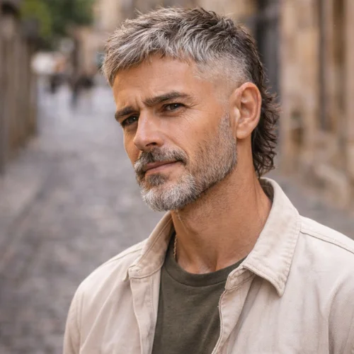 French crop mid fade mullet on older man walking on footpath showing cropped top with longer back and clean mid fade stylish modern mens haircut
