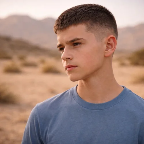 Buzz cut French crop low fade haircut on teenage boy wearing blue shirt in desert background showing ultra short top and subtle low fade modern athletic mens hairstyle