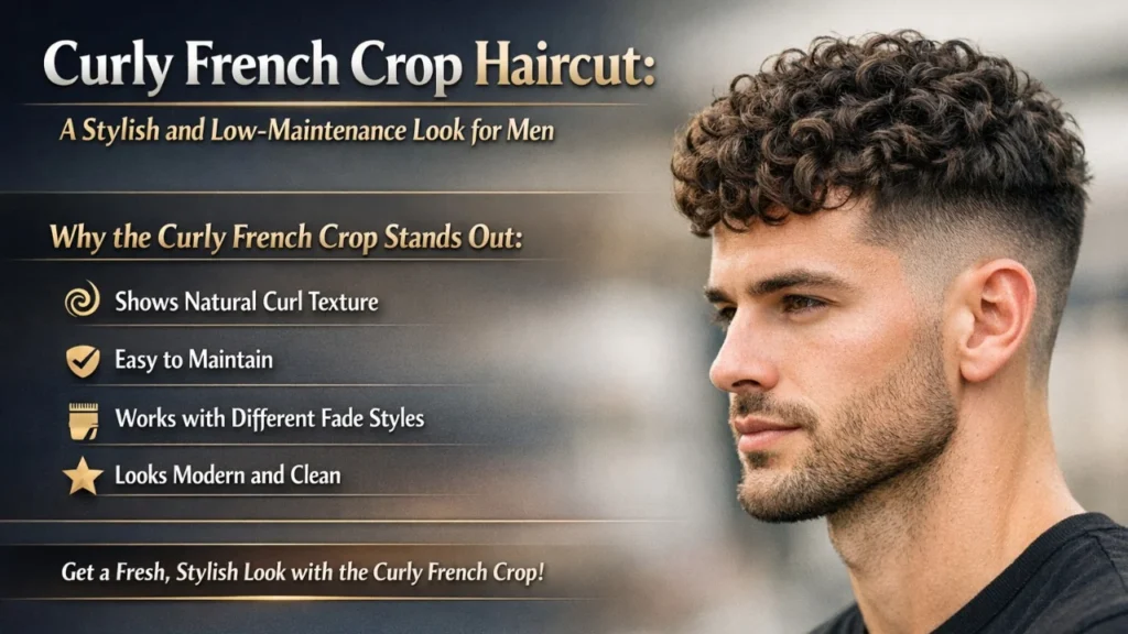 Modern curly French crop haircut with tight curls on top and clean fade on the sides for a stylish men’s look