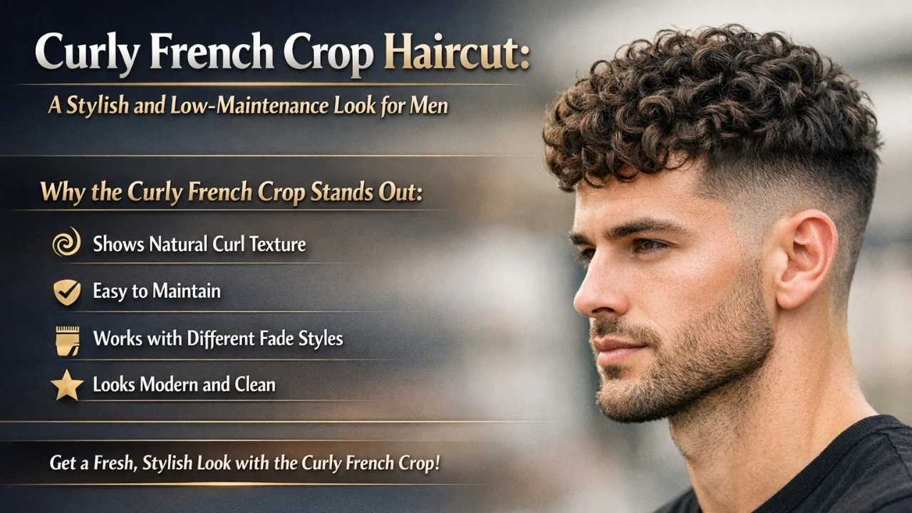 Modern curly French crop haircut with tight curls on top and clean fade on the sides for a stylish men’s look