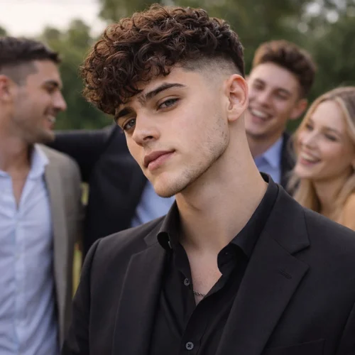 Curly French crop taper haircut with defined curls on top and clean tapered sides, modern men’s hairstyle