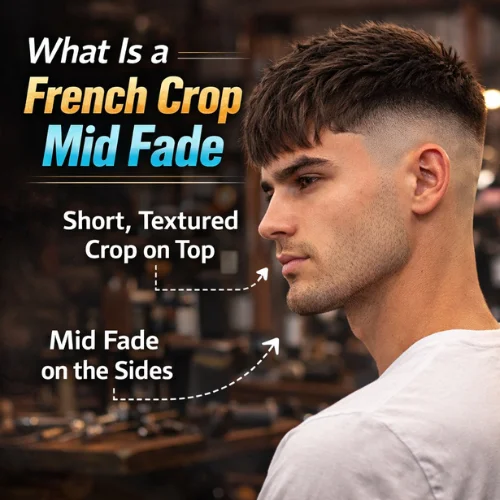 French crop mid fade haircut with short textured top and clean mid fade on the sides modern mens hairstyle shown in barbershop setting