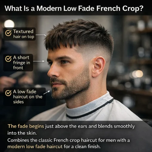 Modern Low Fade French Crop haircut showing textured top, short fringe, and clean low fade on the sides
