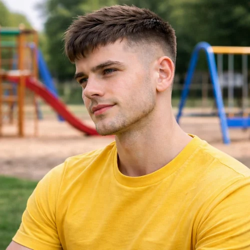 Young boy in yellow shirt showing short French crop mid fade haircut with clean sides at playground