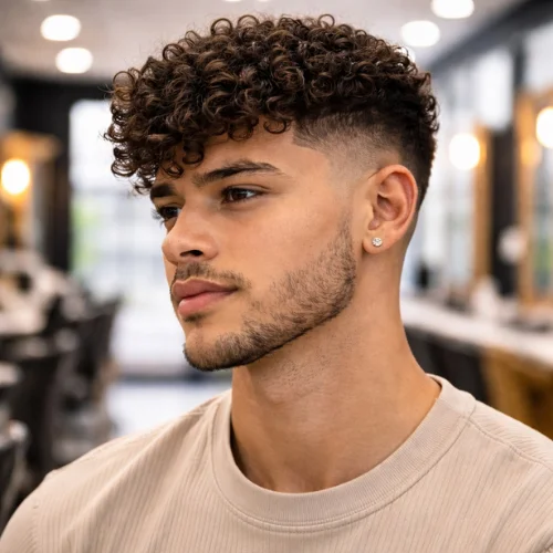 Curly French crop cut with shaped fringe and balanced textured curls, modern men’s haircut