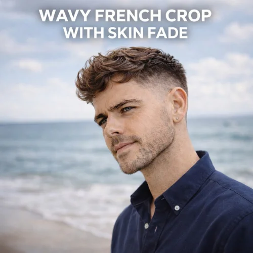 Wavy French crop with skin fade haircut for 45 year old office man clean modern professional hairstyle