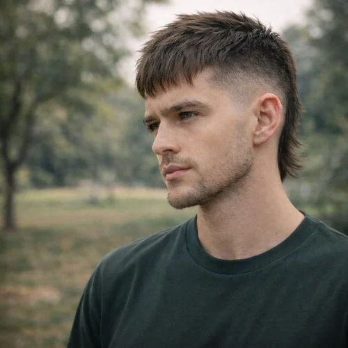 French crop low fade mullet hairstyle on young man showing cropped textured top with longer back and clean faded sides modern edgy mens haircut variation