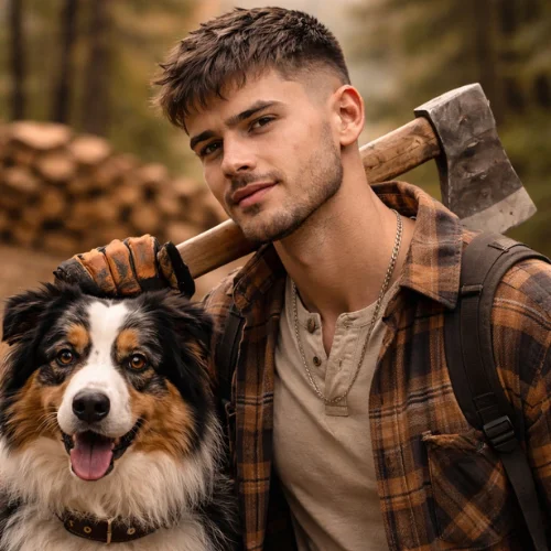 Low taper french crop mid fade haircut on wood cutter with dog showing soft neckline blend clean mid fade and neat textured top professional mens hairstyle
