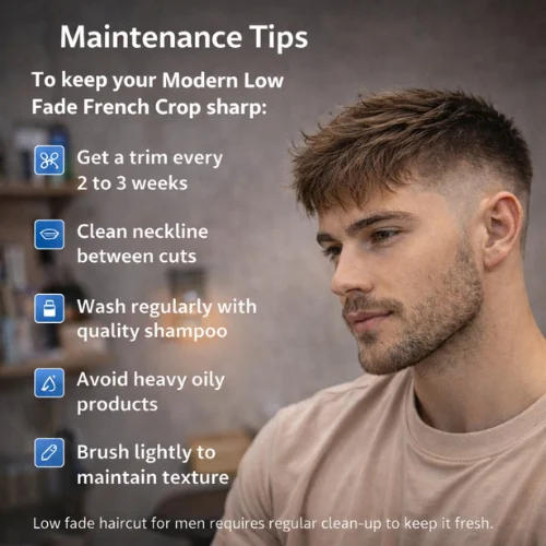 Maintenance tips for Modern Low Fade French Crop haircut showing clean low fade and textured top
