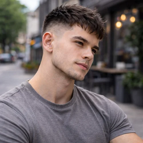 Short French crop high taper fade haircut with tight sides and sharp hairline