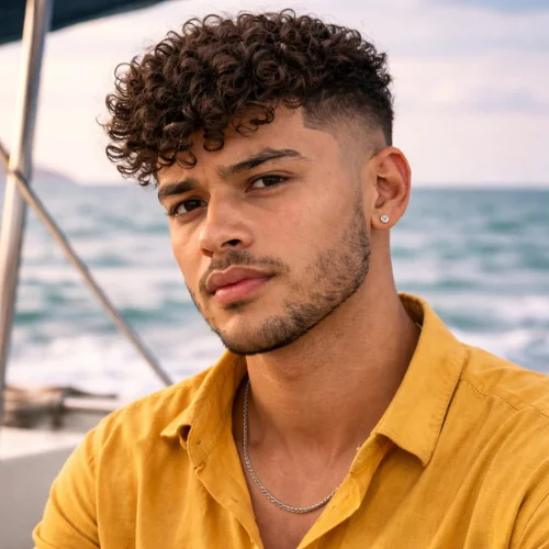 Curly French crop haircut for men with round face, defined curls and clean faded sides