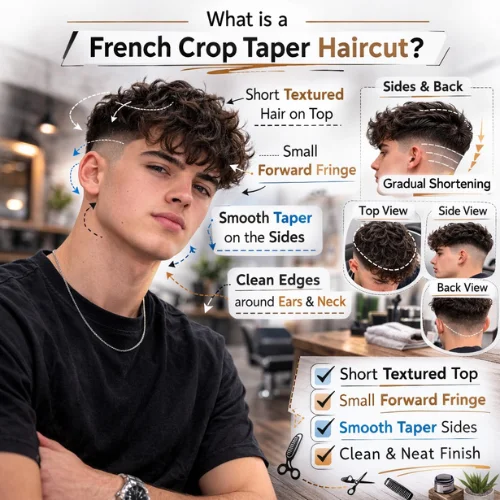French crop taper haircut with short textured top, small forward fringe and smooth tapered sides