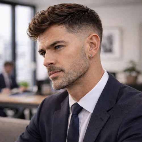 Side parted wavy French crop haircut for American businessman polished professional hairstyle for formal events