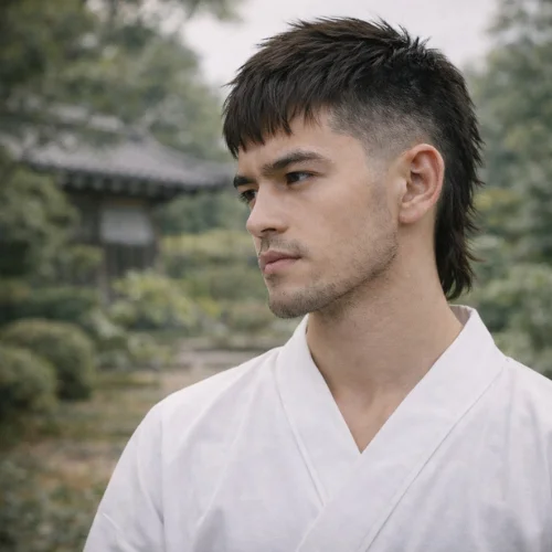 French crop low fade mullet hairstyle on Japanese man wearing white shirt in traditional garden setting showing cropped textured top and longer back modern edgy mens haircut