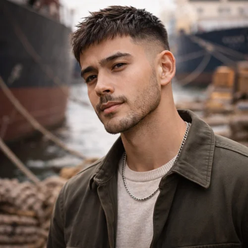 French crop mid fade taper haircut on ship seller man showing gradual blend clean sides and structured textured top modern professional mens hairstyle