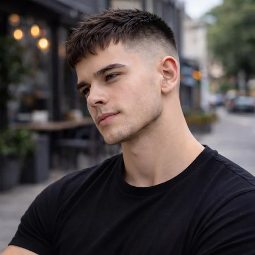 Young man wearing short French crop high fade with bold faded sides and thick textured top in urban setting