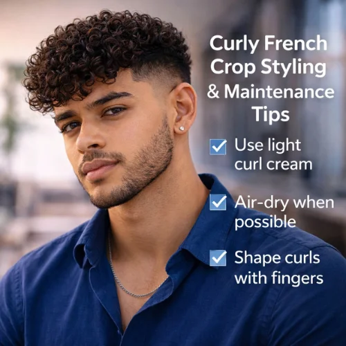 Curly French crop styling and maintenance tips for men with defined curls and clean faded sides