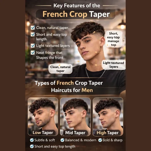 French crop taper haircut with clean natural taper, short textured top and neat forward fringe