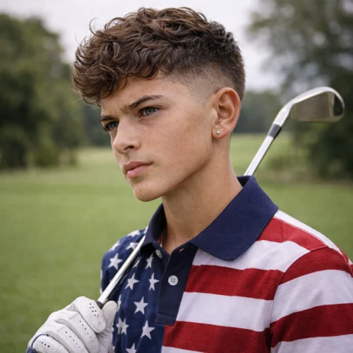 Wavy French crop haircut on 14 year old boy wearing American shirt at golf club natural textured hairstyle
