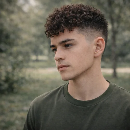French crop low fade curly hair on young man with defined curls and clean low fade sides modern mens textured hairstyle in outdoor setting