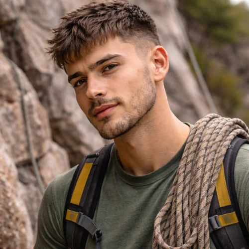 Messy french crop with mid fade on young rock climber showing longer textured top styled forward and clean mid fade modern adventurous mens hairstyle
