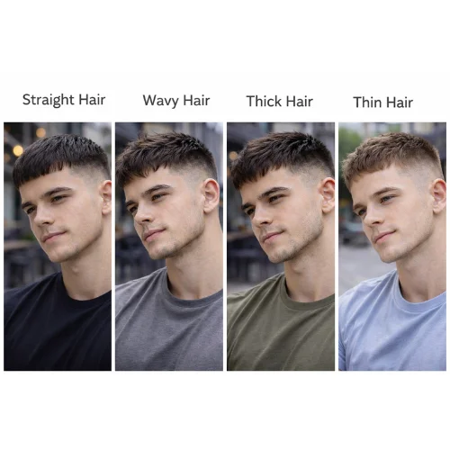 Comparison of short French crop hairstyles for straight, wavy, thick, and thin hair types in grid layout