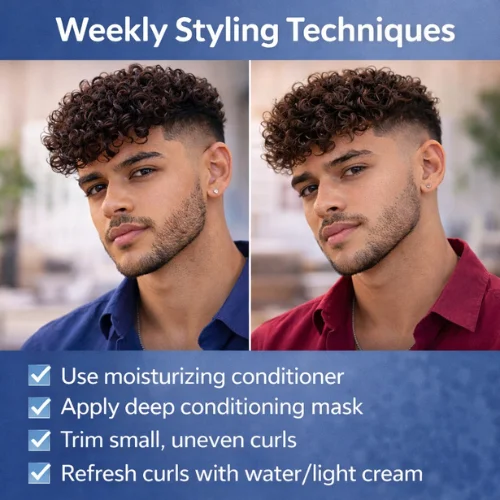 Curly French crop weekly styling techniques with deep conditioning and curl refresh routine for men
