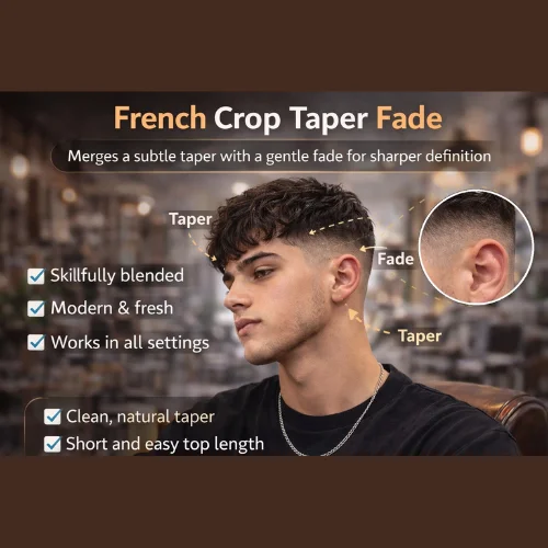 French crop taper fade haircut with blended sides and textured top, modern men’s hairstyle