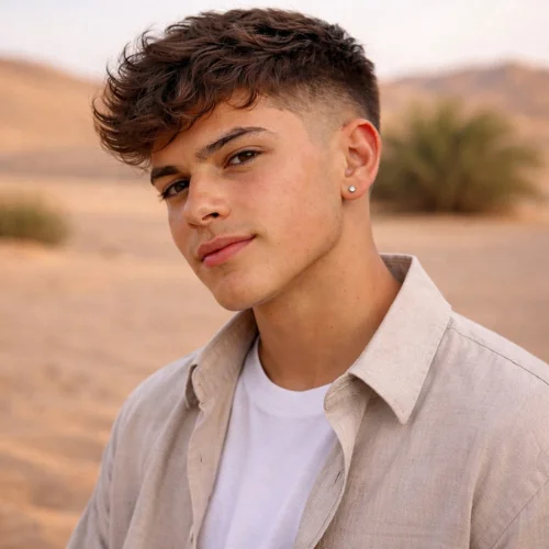 Wavy French crop styling steps on Arabic man with round face desert background soft natural waves tutorial
