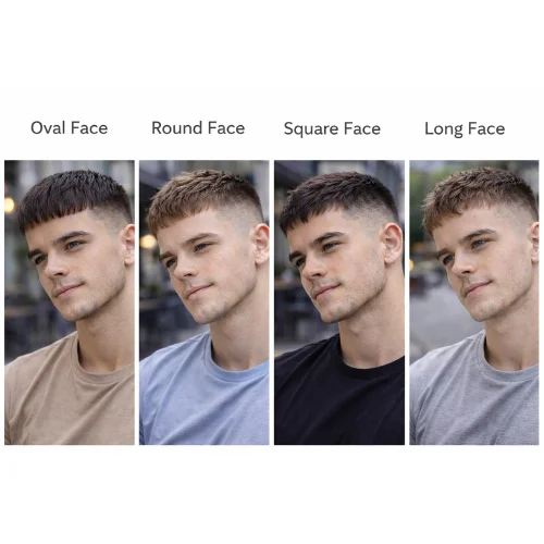Comparison of short French crop haircuts for different face shapes including oval, round, square, and long