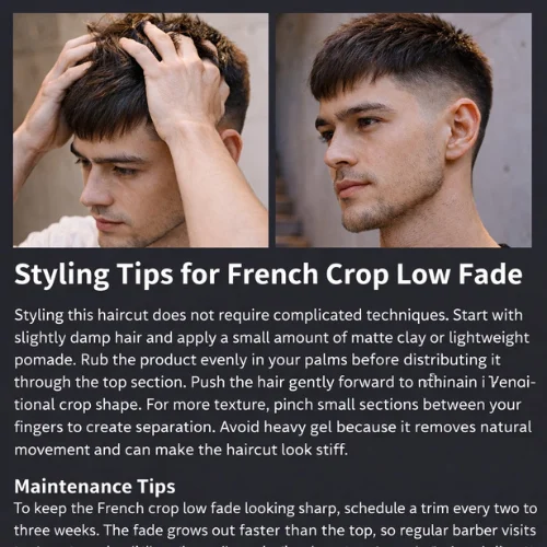 French crop low fade styling and maintenance tips infographic showing how to apply matte clay and maintain clean low fade for sharp modern mens hairstyle