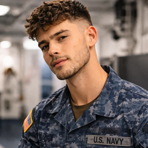 French crop mid fade for curly hair on young American navy style man showing defined curls on top with clean mid fade structured modern mens hairstyle