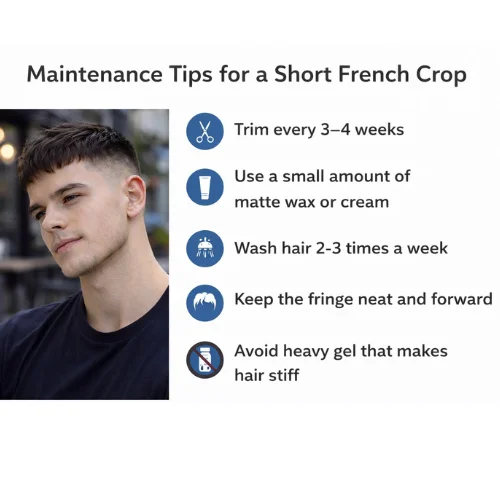 Short French crop haircut maintenance tips with textured crop and fade shown on young man