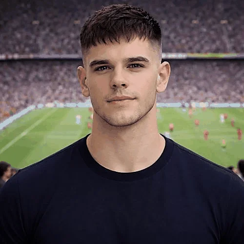 Young man with short French crop skin fade featuring clean shaved sides and bold modern finish