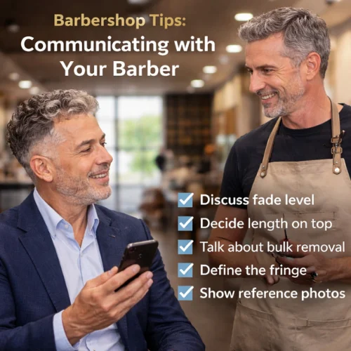 Curly French crop barbershop consultation with older man discussing fade level and hairstyle details