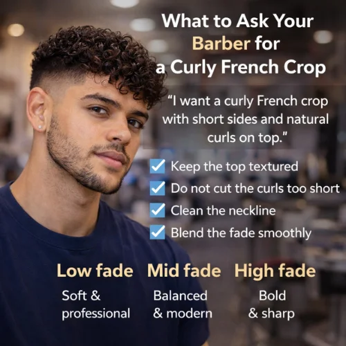 Curly French crop haircut guide showing what to ask your barber about fade level and curl length